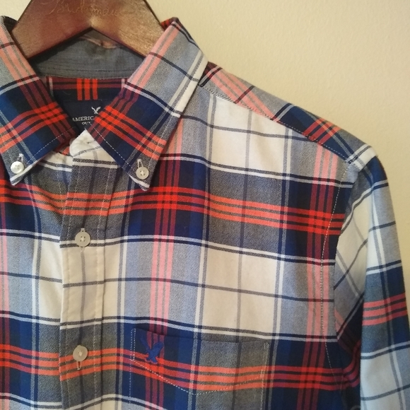 🔥 AEO | White/Blue/Orange Plaid Sturdy Cotton Long-Sleeved Button-Down NWT - Picture 5 of 5